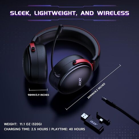 Acer Gaming Headset with Aluminum Frame for PS5, PS4, Switch - Black | Tri-Mode(2.4GHz/Bluetooth/Wired) Gaming Headphones with ENC Mic, Stereo Sound, 40H Battery, Green Light, 50mm Driver in Saudi Arabia