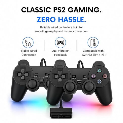 Hopevry Wired PS2 Controller | 2 Pack Compatible with Sony PS2/PS2 Slim/PS1 | PlayStation 2 Controller with Dual Vibration, Plug and Play, Ergonomic grip for extended gaming in Kuwait