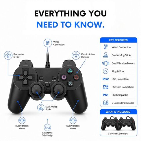 Hopevry Wired PS2 Controller | 2 Pack Compatible with Sony PS2/PS2 Slim/PS1 | PlayStation 2 Controller with Dual Vibration, Plug and Play, Ergonomic grip for extended gaming in Kuwait