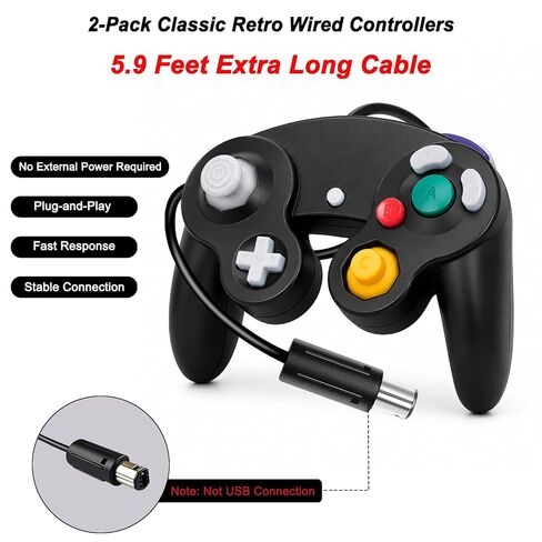 ANGFA 2 Pack Wired Controllers for GameCube, Classic Controller Compatible with Wii and NGC Game Cube Console, Plug & Play Classic Gamepad (Black) in Kuwait