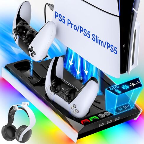 Tokluck PS5/Slim/Pro Cooling Station with Auto Turbofan & 3-Level Speed, PS5 Vertical Stand Cooling Fan Station with Controller Charger, Cooler Docking Station for PlayStation 4 Adapters in Saudi Arabia