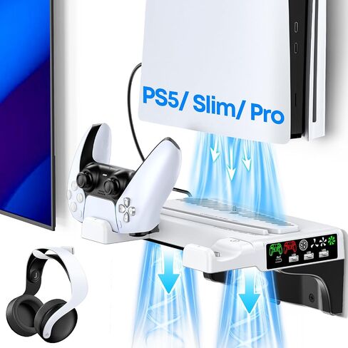 PS5/Slim/Pro Wall Mount Kit with Cooling Fan & Charging Station, PS5 Shelf Floating Mount for All PlayStation 5/Slim/Pro Disc & Digital Console, PS 5 Wall Bracket Behind TV, PS Five Pro Accessories in Saudi Arabia