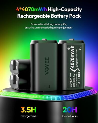 VOYEE Xbox Battery Pack, 4x4070mWh Rechargeable Battery with LED Charger | 7-Color LED Lights, 4-Slot Fast Charging for Xbox One/S/X/Elite/Series X|S, Over Current/Voltage/Short Circut-Lightning-Black in Saudi Arabia