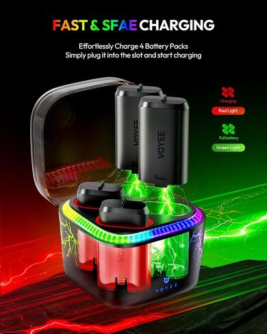 VOYEE Xbox Battery Pack, 4x4070mWh Rechargeable Battery with LED Charger | 7-Color LED Lights, 4-Slot Fast Charging for Xbox One/S/X/Elite/Series X|S, Over Current/Voltage/Short Circut-Lightning-Black in Saudi Arabia