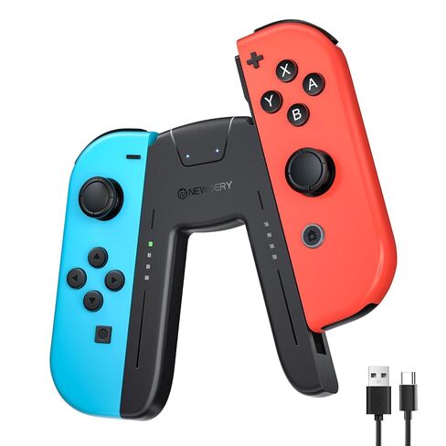 قبضة شحن NEWDERY LIFE لوحدات التحكم في المفاتيح، متوافقة مع Joy Con | حامل وحدة تحكم محمول على شكل حرف V، شحن سريع 2.5 ساعة، تشغيل أثناء الشحن، مؤشر LED، كابل شاحن 1.5 متر، أسود in Kuwait
