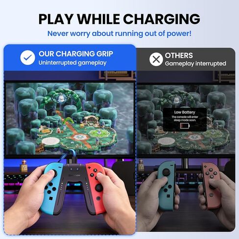قبضة شحن NEWDERY LIFE لوحدات التحكم في المفاتيح، متوافقة مع Joy Con | حامل وحدة تحكم محمول على شكل حرف V، شحن سريع 2.5 ساعة، تشغيل أثناء الشحن، مؤشر LED، كابل شاحن 1.5 متر، أسود in Kuwait