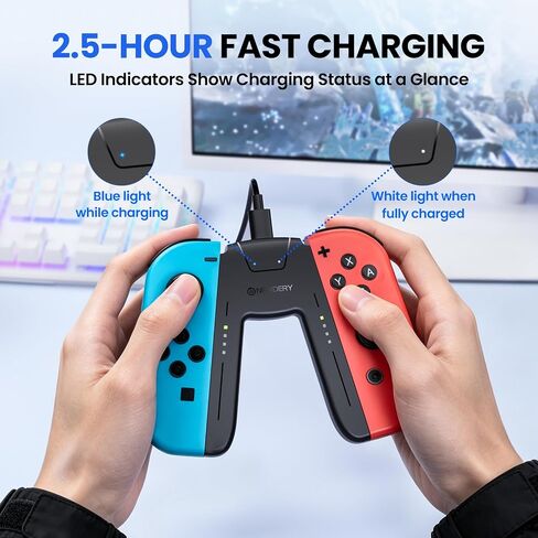 قبضة شحن NEWDERY LIFE لوحدات التحكم في المفاتيح، متوافقة مع Joy Con | حامل وحدة تحكم محمول على شكل حرف V، شحن سريع 2.5 ساعة، تشغيل أثناء الشحن، مؤشر LED، كابل شاحن 1.5 متر، أسود in Kuwait