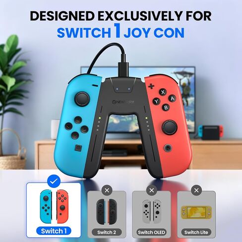 قبضة شحن NEWDERY LIFE لوحدات التحكم في المفاتيح، متوافقة مع Joy Con | حامل وحدة تحكم محمول على شكل حرف V، شحن سريع 2.5 ساعة، تشغيل أثناء الشحن، مؤشر LED، كابل شاحن 1.5 متر، أسود in Kuwait