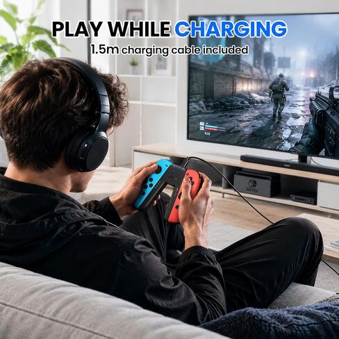 قبضة شحن NEWDERY LIFE لوحدات التحكم في المفاتيح، متوافقة مع Joy Con | حامل وحدة تحكم محمول على شكل حرف V، شحن سريع 2.5 ساعة، تشغيل أثناء الشحن، مؤشر LED، كابل شاحن 1.5 متر، أسود in Kuwait