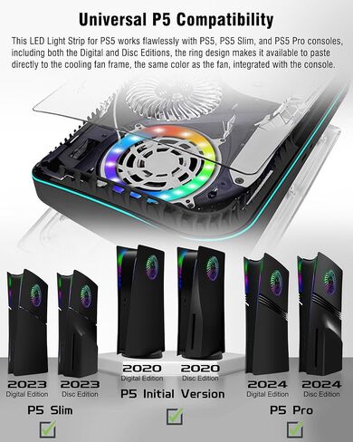 Joso LED Light Strip for PS5/PS5 Slim/PS5 Pro RGB Decoration Accessories | LED Ring with 8 Colors 400 Effects, Music Sync, IR Remote/APP Control in Saudi Arabia