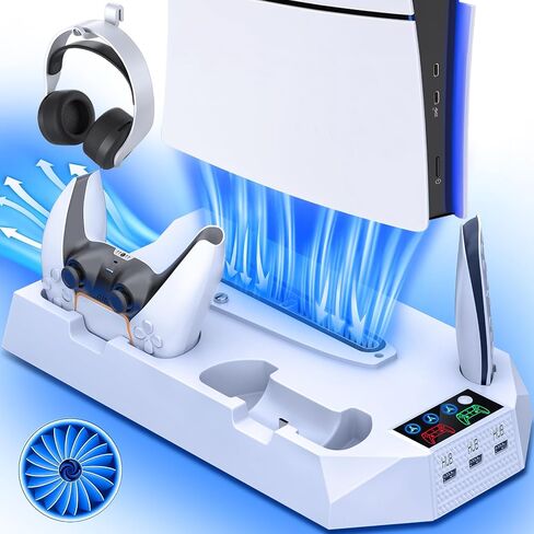PS5/Slim/Pro Cooling Station with Controller Charging Station for PlayStation 5 Slim/Pro Console, PS5 Cooling Stand Cooler Accessories Incl Cooling Fan, 3 USB Hubs, Headset Holder, Screw - White in Saudi Arabia