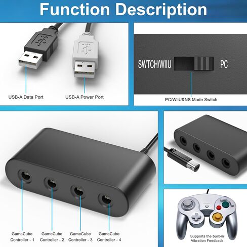 Gamecube Controller Adapter for Wii U, PC Windows, Nintendo Switch/OLED/Switch 2 Gamecube Converter, Support 4 Gamecube Controller to Play Supper Smash Bros with 3.3ft Long Cable in Saudi Arabia
