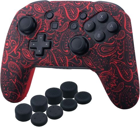 Studded Silicone Transfer Print Cover Skin Case ONLY for Nitendo Official Switch Pro Controller x 1(Leaves Red) with Pro Thumb Grips x 8 in Saudi Arabia