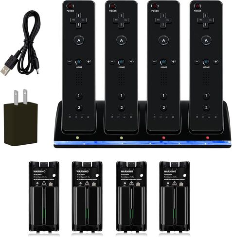 4 in 1 Wii Remote Charger,Charging Station with 4 Pack 2800mAh Rechargeable Battery,Plugs,USB Cable for Wii/Wii U Remote Controller (Black) in Saudi Arabia