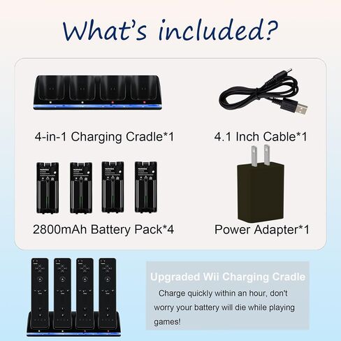 4 in 1 Wii Remote Charger,Charging Station with 4 Pack 2800mAh Rechargeable Battery,Plugs,USB Cable for Wii/Wii U Remote Controller (Black) in Saudi Arabia