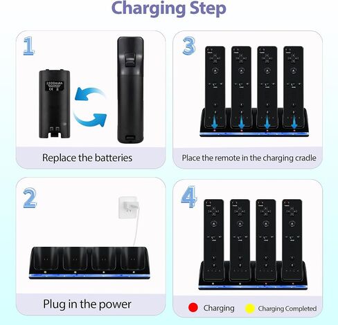 4 in 1 Wii Remote Charger,Charging Station with 4 Pack 2800mAh Rechargeable Battery,Plugs,USB Cable for Wii/Wii U Remote Controller (Black) in Saudi Arabia