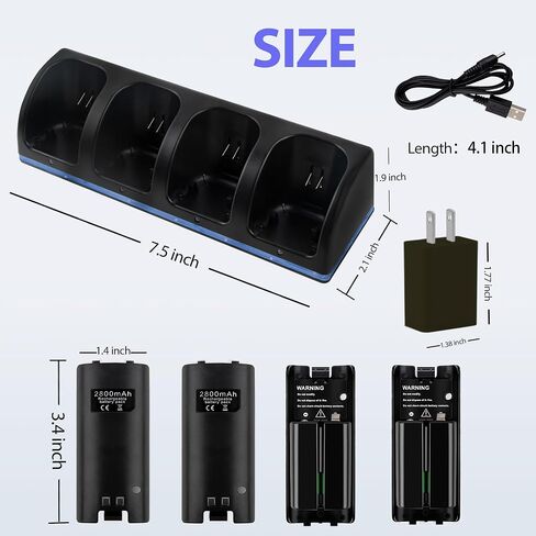 4 in 1 Wii Remote Charger,Charging Station with 4 Pack 2800mAh Rechargeable Battery,Plugs,USB Cable for Wii/Wii U Remote Controller (Black) in Saudi Arabia
