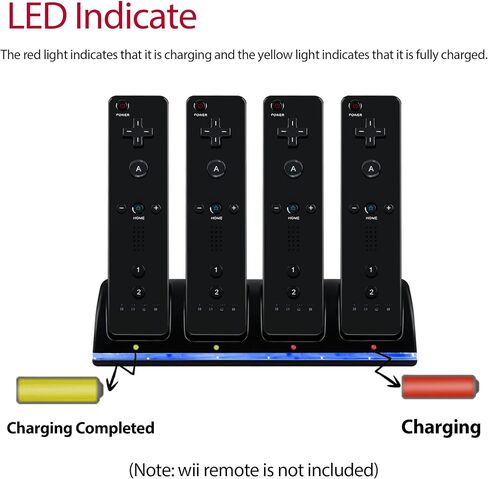 4 in 1 Wii Remote Charger,Charging Station with 4 Pack 2800mAh Rechargeable Battery,Plugs,USB Cable for Wii/Wii U Remote Controller (Black) in Saudi Arabia