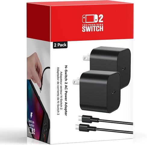 (2 Pack) Switch 2 Charger with 5FT+10FT USB-C Cable Bundle, 60W PD 3.0 Fast | Charging Block (20V/3A), AC Power Adapter, 4K TV Dock Mode Support, OEM Replacement for Nintendo Switch 2/1/Lite/Wii Charger in Kuwait