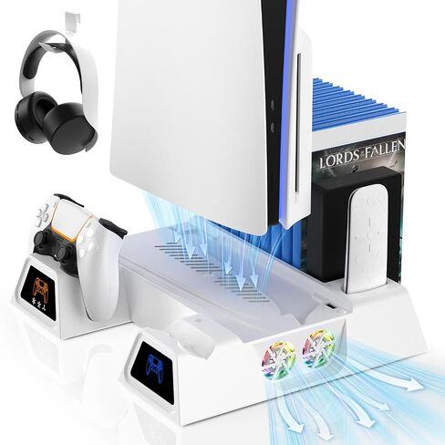 LENISUOLE PS5/Slim/Pro Stand and Cooling Station, with 3 Level Cooler Fan for PlayStation 5 Disc Digital Console, LED Dual Controller Charging Station, Headset Holder, Game Slot White in Saudi Arabia