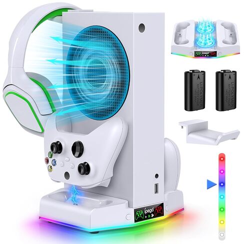 Cooling Stand & Charge Station for Xbox Series S with RGB Light Strip,White | Dual Controller Charger & Cooler Fan for XSS Console Accessories with 2*1400mAH Rechargeable Battery Pack,1*Headphone Hook in Saudi Arabia