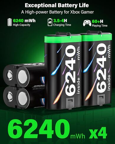 Rechargeable-Controller-Battery-Pack-for-Xbox Series S|X/Xbox One S/X/Elite | 4x6240mWh Battery Pack for Xbox Wireless Controller with Charger Station, Rechargeable Batteries for Xbox with Fast Charging in Saudi Arabia