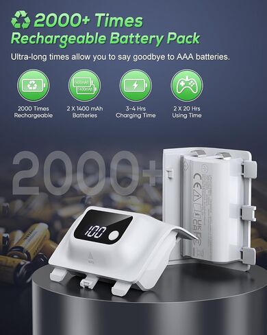 YUANHOT Rechargeable Controller Battery Pack for Xbox Series X/S | LED Digital Display, 2*1400mAh Batteries, Remote Play and Charge Kit, Accessory for Xbox Series X/S Controller, White in Saudi Arabia