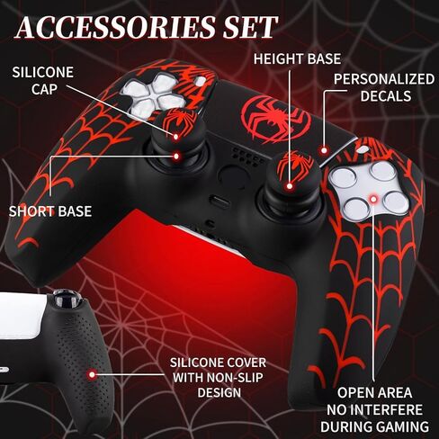 Silicone Skin Cover Sticker x 1 & Extender Grips x 2 for PS5 Controller Spider Web in Kuwait