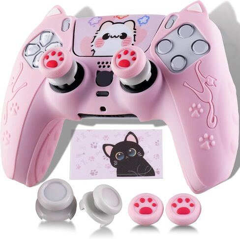 Silicone Skin Cover Sticker x 1 & Extender Grips x 2 for PS5 Controller Cats Black in Kuwait