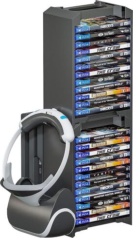 Video Game Storage Tower for PS5/PS4, 36 Disc Game Holder 6.6 x 4.7 x 29 In | Video Game Shelf Organizer, PS5 Game Case Stand, Space-Saving Vertical Design, White, ABS, Easy Snap Assembly in Kuwait