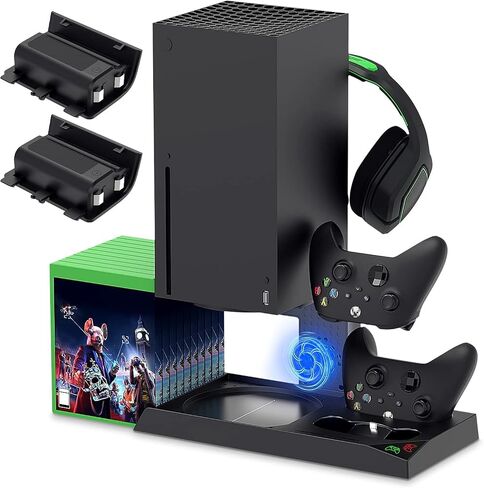 YUANHOT Vertical Xbox Series X Cooling Stand, Fan & 2-Battery Charger Dock | Includes 2*1400mAh rechargeable batteries, headset & disc storage,vertical fan cooling for Xbox Series X console & controller in Saudi Arabia