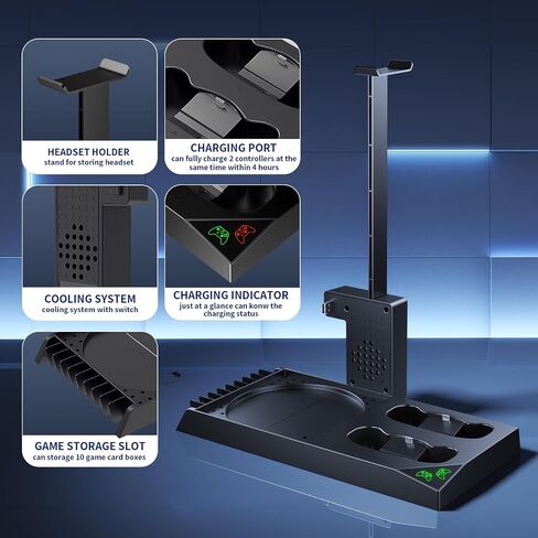 YUANHOT Vertical Xbox Series X Cooling Stand, Fan & 2-Battery Charger Dock | Includes 2*1400mAh rechargeable batteries, headset & disc storage,vertical fan cooling for Xbox Series X console & controller in Saudi Arabia