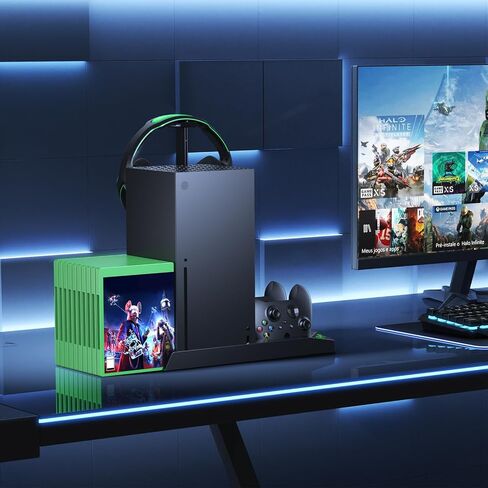YUANHOT Vertical Xbox Series X Cooling Stand, Fan & 2-Battery Charger Dock | Includes 2*1400mAh rechargeable batteries, headset & disc storage,vertical fan cooling for Xbox Series X console & controller in Saudi Arabia