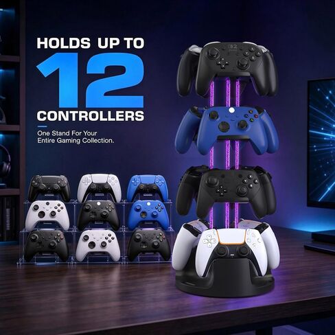 حامل حامل وحدة التحكم RGB، 12 برج تحكم، منظم دوار | حامل وحدة تحكم RGB معياري من 2 إلى 4 طبقات يحمل 12 وحدة تحكم، ويدور 360 درجة، ويتضمن محور USB وكابلات، ويناسب PS5 Xbox Switch in Kuwait