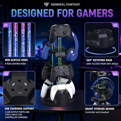 حامل حامل وحدة التحكم RGB، 12 برج تحكم، منظم دوار | حامل وحدة تحكم RGB معياري من 2 إلى 4 طبقات يحمل 12 وحدة تحكم، ويدور 360 درجة، ويتضمن محور USB وكابلات، ويناسب PS5 Xbox Switch in Kuwait