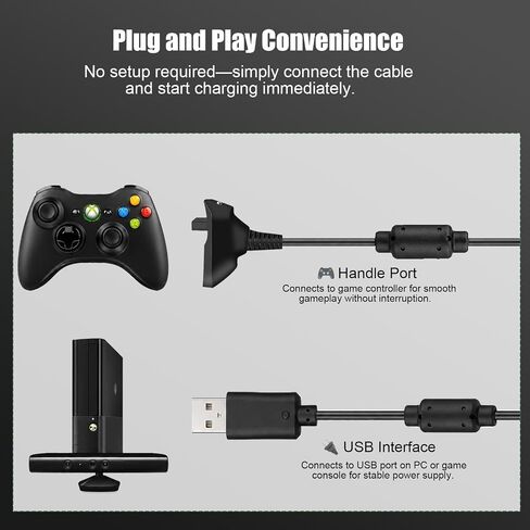 كابل شحن USB متوافق مع وحدة التحكم اللاسلكية Microsoft Xbox 360 / Xbox 360 Slim، قطعتان من سلك اللعب والشحن بطول 6 أقدام in Kuwait
