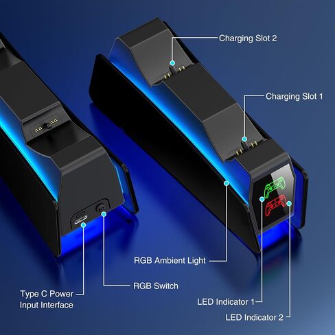 PS5 Controller Charger Station for Playstation 5 Dualsense with LED Light Dual Stand Charger Dock, PS5 Controller Charging Station Accessories for Playstation 5 Faceplates DualSense Edge-Black in Saudi Arabia