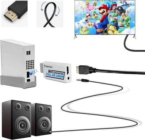 PORTHOLIC Wii to HDMI Converter 1080P with 5ft High Speed HDMI Cable Wii2 HDMI Adapter Output Video&Audio with 3.5mm Jack Audio, Support All Wii Display 720P, NTSC, Compatible with Full HD Devic in Saudi Arabia