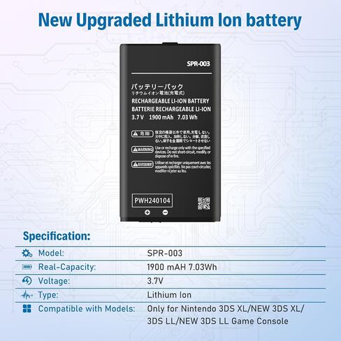 3DS XL Battery, 1900mAh Ultra High Capacity SPR-003 Li-ion Battery Replacement for Nintendo New 3DS XL/ 3DS LL/New 3DS LL Game Console– 2026 Upgraded, Powerful, Long-Lasting in Kuwait