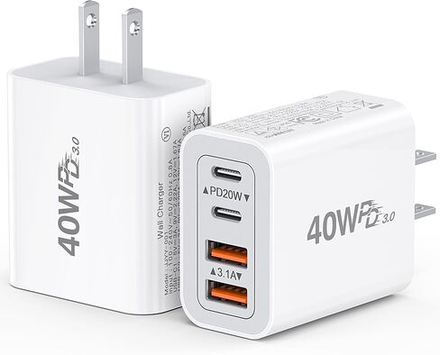 [2-Pack] 40W USB C Charger Cube Fast Charging Block Multiport Wall Plug | 4-Port PD+QC Power Adapter Compact Travel Brick Type C Box for iPhone 17/16/15/14-11/Pro/XS/XR, iPad, Galaxy, Google & more in Saudi Arabia