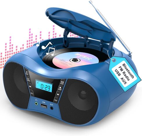 Greadio Portable Boombox CD Players for Home with Bluetooth, Stereo Sound | FM Radio CD Player, Simple Controls, CD/CD-R/RW, Compact, AC/Battery Power, USB & AUX Input Playback, Sleep Timer (Black in Saudi Arabia