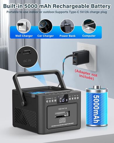 Sunoony Boombox Cassette CD Player Combo with Bluetooth, 5000mAh Battery | Rechargeable Cd and Cassette Player for Home,FM Radio/Remote Control/Tape Recording/AUX/TF/USB/Earphone Jack for Kids, Gift in Saudi Arabia