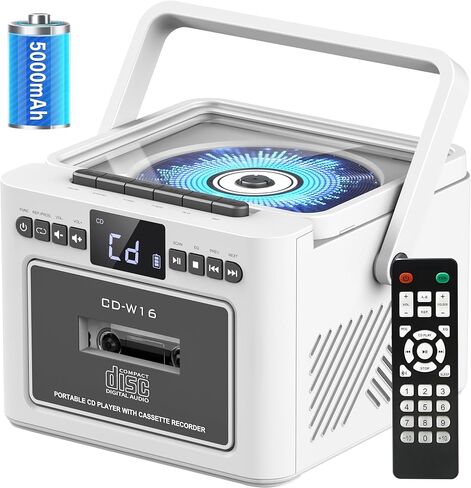 Sunoony Boombox Cassette CD Player Combo with Bluetooth, 5000mAh Battery | Rechargeable Cd and Cassette Player for Home,FM Radio/Remote Control/Tape Recording/AUX/TF/USB/Earphone Jack for Kids, Gift in Saudi Arabia