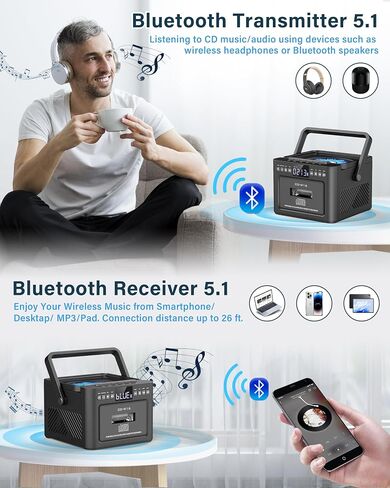 Sunoony Boombox Cassette CD Player Combo with Bluetooth, 5000mAh Battery | Rechargeable Cd and Cassette Player for Home,FM Radio/Remote Control/Tape Recording/AUX/TF/USB/Earphone Jack for Kids, Gift in Saudi Arabia