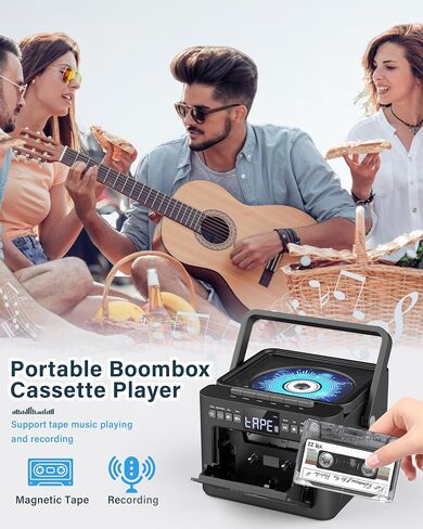 Sunoony Boombox Cassette CD Player Combo with Bluetooth, 5000mAh Battery | Rechargeable Cd and Cassette Player for Home,FM Radio/Remote Control/Tape Recording/AUX/TF/USB/Earphone Jack for Kids, Gift in Saudi Arabia