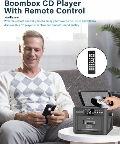 Sunoony Boombox Cassette CD Player Combo with Bluetooth, 5000mAh Battery | Rechargeable Cd and Cassette Player for Home,FM Radio/Remote Control/Tape Recording/AUX/TF/USB/Earphone Jack for Kids, Gift in Saudi Arabia