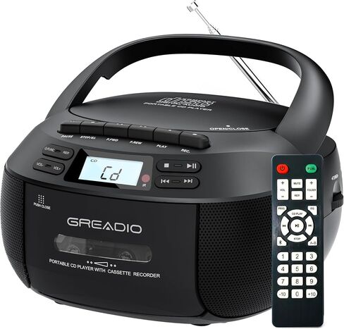 Greadio CD Player Boombox Cassette Player Combo with Bluetooth, AM/FM Radio | Cd and Cassette Player for Home,Remote Control,AUX/USB/Tape Recording,AC/DC Powered,Headphone Jack,LCD Display for Kids,Gift in Saudi Arabia