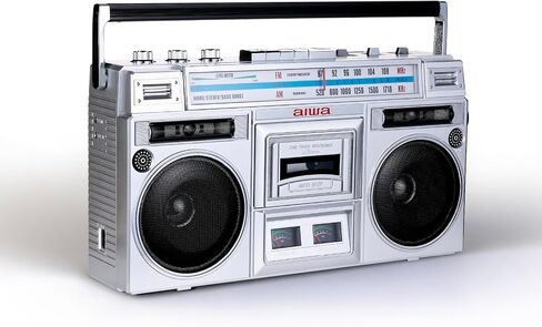 aiwa Portable Retro Boombox BackTrack Jr, Vintage Bluetooth Speaker with Cassette Player, Bluetooth, FM/AM Radio, USB & AUX for Home, Outdoor, and Travel Listening (Silver) in Saudi Arabia