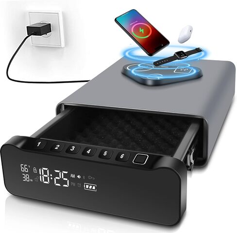 FTOP Biometric Fingerprint Gun Safe, Clock Handgun Safe with 3-in-1 Watch & Phone Wireless Charging, Drawer Lock for Hand Guns, Cash, Valuables- with Humidity Reader|Temperature| Alarm Clock| Screen in Saudi Arabia