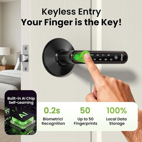 GHome Smart Fingerprint Door Knob with Lock, 4-in-1 Door Lock for Bedroom | Fingerprint Door Lock with Keypad, App Control, Auto Lock, Keyless Entry Door Lock with Handle, Biometric Door Knob for Home in Saudi Arabia